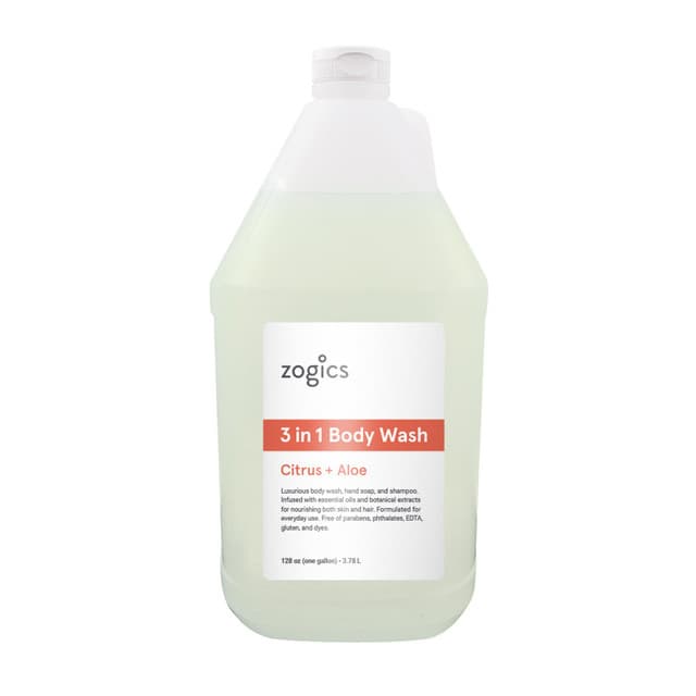 Zogics Citrus & Aloe 3 in 1 Body Wash, Hand Soap & Shampoo (1 Gallon)
