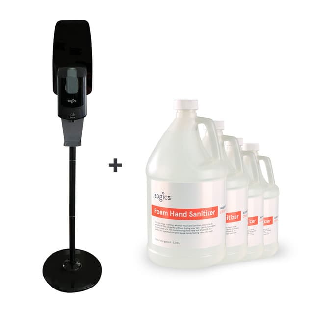 Zogics Floor Stand Dispenser with 128 oz Alcohol-Free Foam Citrus + Aloe Hand Sanitizer, (1 Gallon or Case of 4)