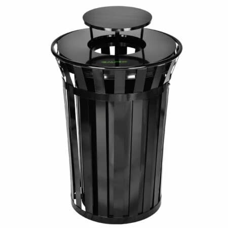 Outdoor Slatted 38 Gallon Black Metal Round Trash Can with Bonnet Lid | Alpine Industries