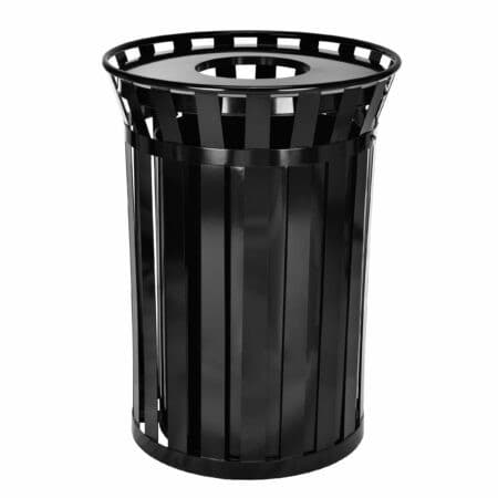 Outdoor Slatted 38 Gallon Black Metal Round Trash Can | Alpine Industries