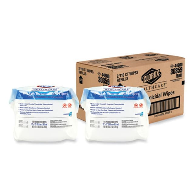 Germicidal Bleach Wipes, 12 x 12, Unscented, 110/Refill, 2/Case