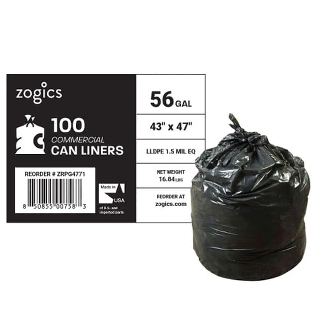 Zogics 56 Gallon Can Liners, 43" x 47", 1.5 Mil, Low-Density, Black (100/Case)