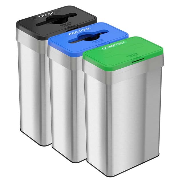 Compost/Recycle/Trash 21 Gallon Stainless Steel Rectangular Trash Can Set | HLS