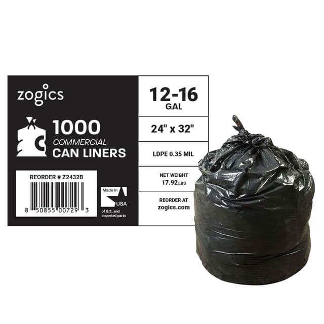 Zogics 12-16 Gallon Can Liners, 24" x 32", .35 Mil, Low Density, Black (1000/Case)