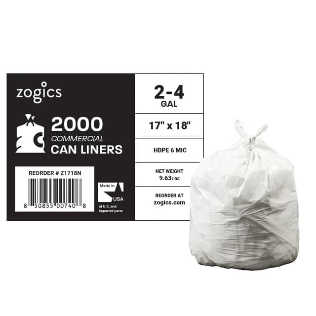 Zogics 2-4 Gallon Can Liners, 17" x 18", 6 Mic, High Density, Natural (2000/Case)