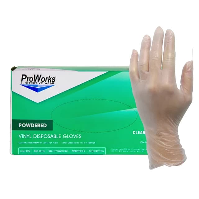 ProWorks Powdered Vinyl Gloves, Clear, 3 mil, 100/Box, 10 Boxes/Case