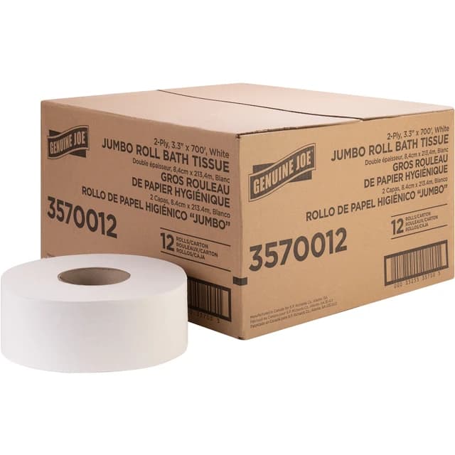 Jumbo Bath Tissue Roll, 2-Ply, 700 ft, 12/Carton | Genuine Joe