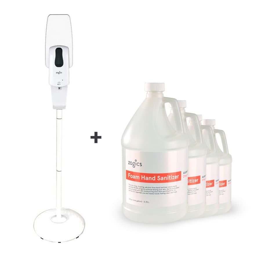 Zogics Floor Stand Dispenser with 128 oz Alcohol-Free Foam Citrus + Aloe Hand Sanitizer, (1 Gallon or Case of 4)